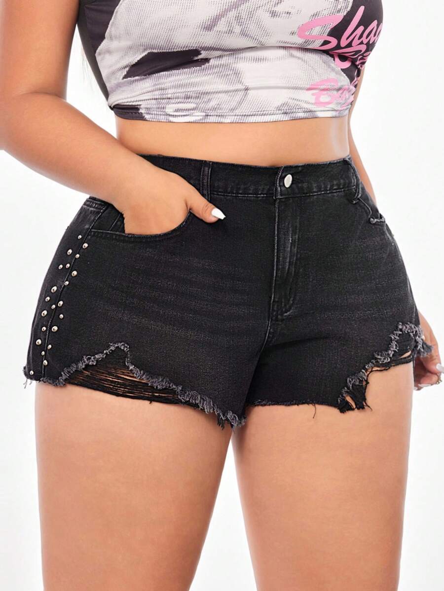 Rina Fox Plus Size Women's Edgy Street Style Chic Black Non-Stretch Denim Shorts - Black - View 1
