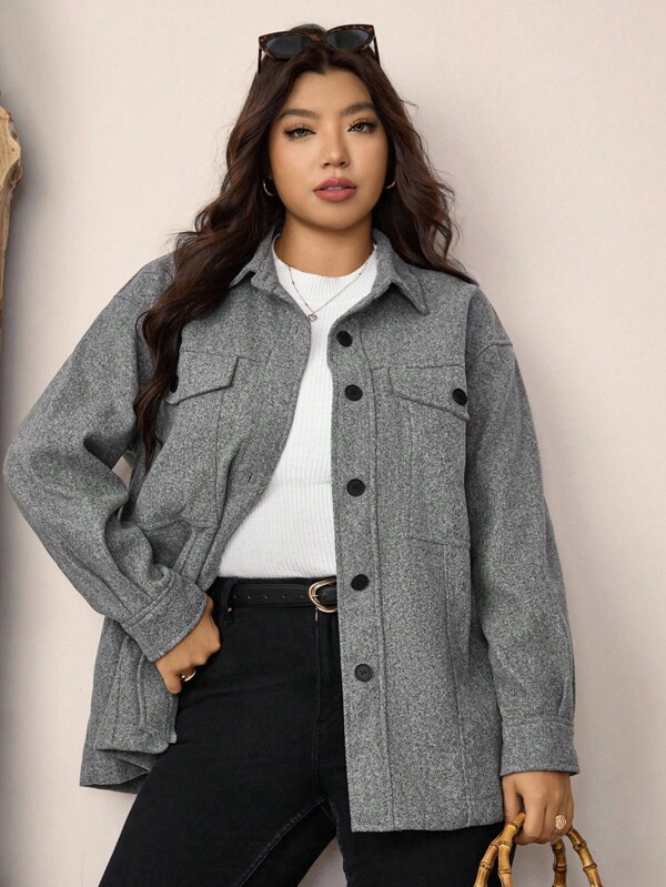 Zelara Plus Drop Shoulder Flap Pocket Overcoat, For Winter