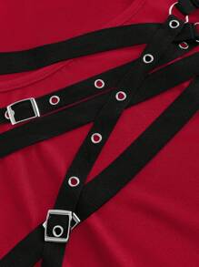 ROMWE Grunge Punk Asymmetric Hem Black Punk Functional Knit Top For Women - Burgundy - View 8