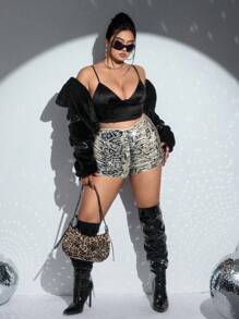 SHEIN ICON Plus Size Fashionable Leopard Print Sequin Shorts, Summer - Black and White - View 6