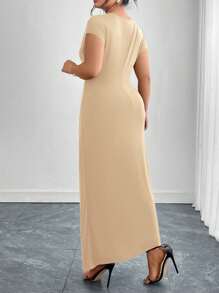 Ellevyn Plus Size Women Elegant Round Neck Metal Button Decor Twist Waist Long Dress, Suitable For Work And Everyday Wear - Khaki - View 2