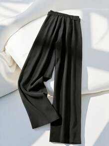 GlowEve 纯色口袋腰带阔腿优雅女士西装裤 - 黑色 - 查看 2