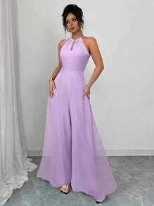 Elenzga Mono elegante de mujer para ir al trabajo, de cuello en V sin mangas, cintura con nudo, de gasa con patchwork, verde, efecto estilizador y con fondo transparente - Morado - Ver 4