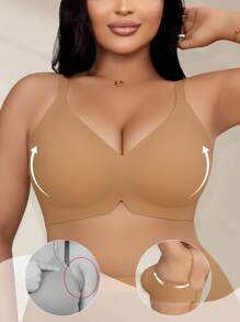 1pc Women Plus Size Jelly Soft Support Wireless Gather Bra Deep V Bra Deep Plunge Bra Bralettes For Women Plus Size Bra Push Up Bra Deep V Neckline Bra Plus Size Bralettes Plus Size Push Up Bra - Camel - View 4