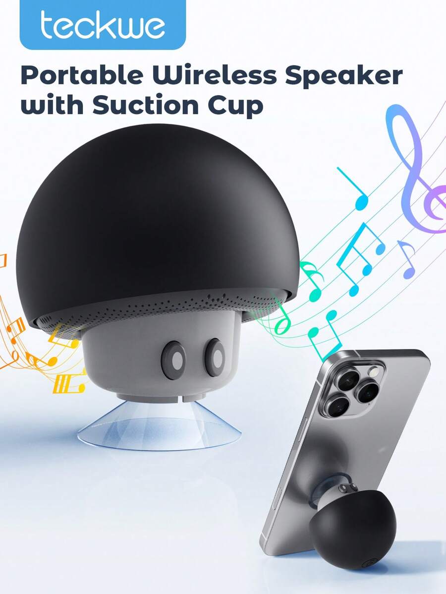 Teckwe 1pc Mushroom Shaped Portable Wireless Stereo Speaker, Suction Cup Stand, Button Control, USB Rechargeable 200mAh Battery, Compact Wireless Subwoofer For Smartphone/Tablet, Perfect For Travel And Outdoor Use, Black - Black - View 1