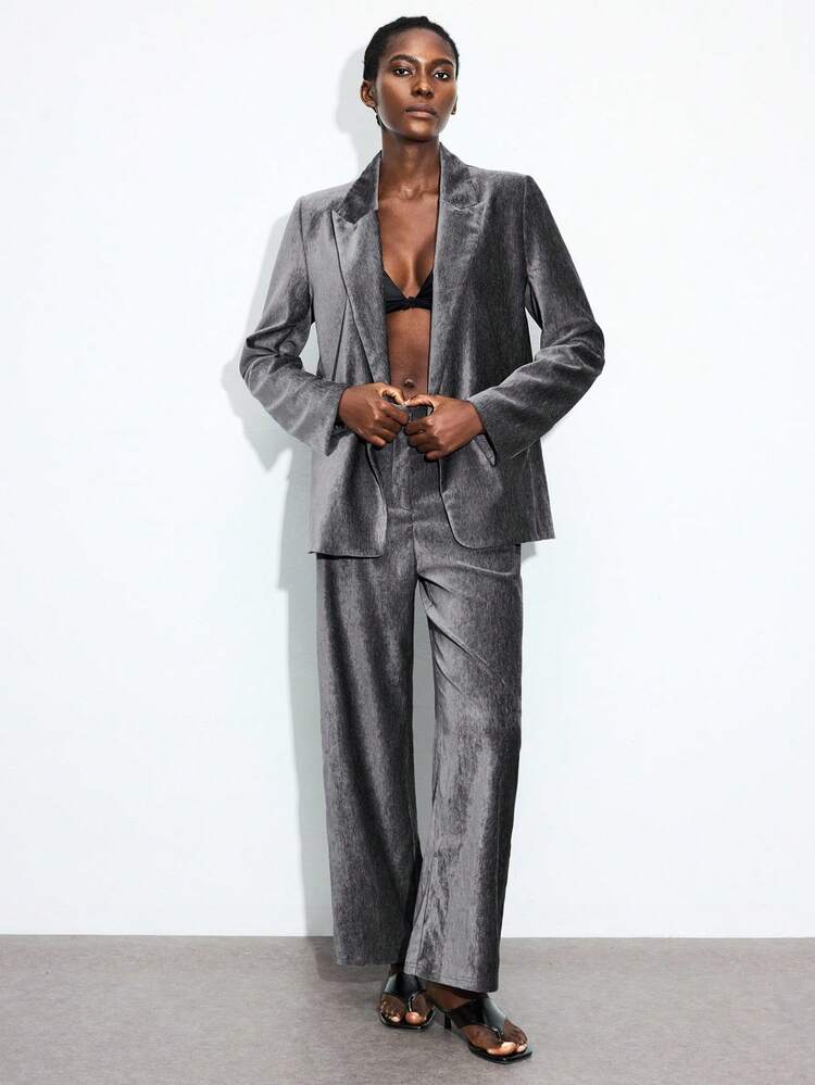 SHEIN Maija 2025 Corduroy & Lurex Women's Suit Pants, Suitable For Party Season And Back To School Season Gray Suit Pants,Autumn, Fall, Autumn, Winter, Halloween, Party, Gray Pants, Trousers,Metallic Thread Fabric Design