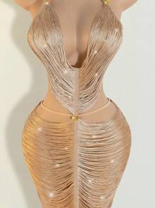 BamGleam 性感镂空金属流苏海滩派对连衣裙 - 杏色 - 查看 5