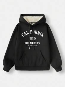 SHEIN EZwear 女士白色半拉链高领休闲宽松羊毛抽绳加厚连帽衫，适合秋冬季 - 黑色 - 查看 3