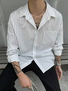 Manfinity Dauomo 男士休闲长袖单排扣口袋宽松条纹衬衫 - 彩色 - 查看 6