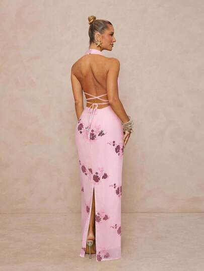 Lumalex 女式串珠亮片刺绣高领收腰直筒露背系带连衣裙