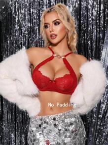 SHEIN Solid Color Lace Patchwork Underwire Push Up Bra For Women