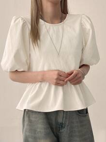 DAZY Women's Casual Solid Color Puff Sleeve Round Neck Tie Back Blouse, Summer