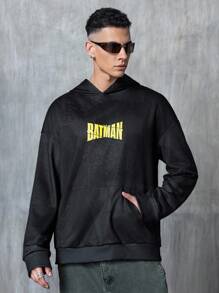 BATMAN X SHEIN 男士休闲街头连帽衫，带有赛车和动漫英雄人物字母图案，宽松男士图案连帽衫，秋季 - 黑色 - 查看 4