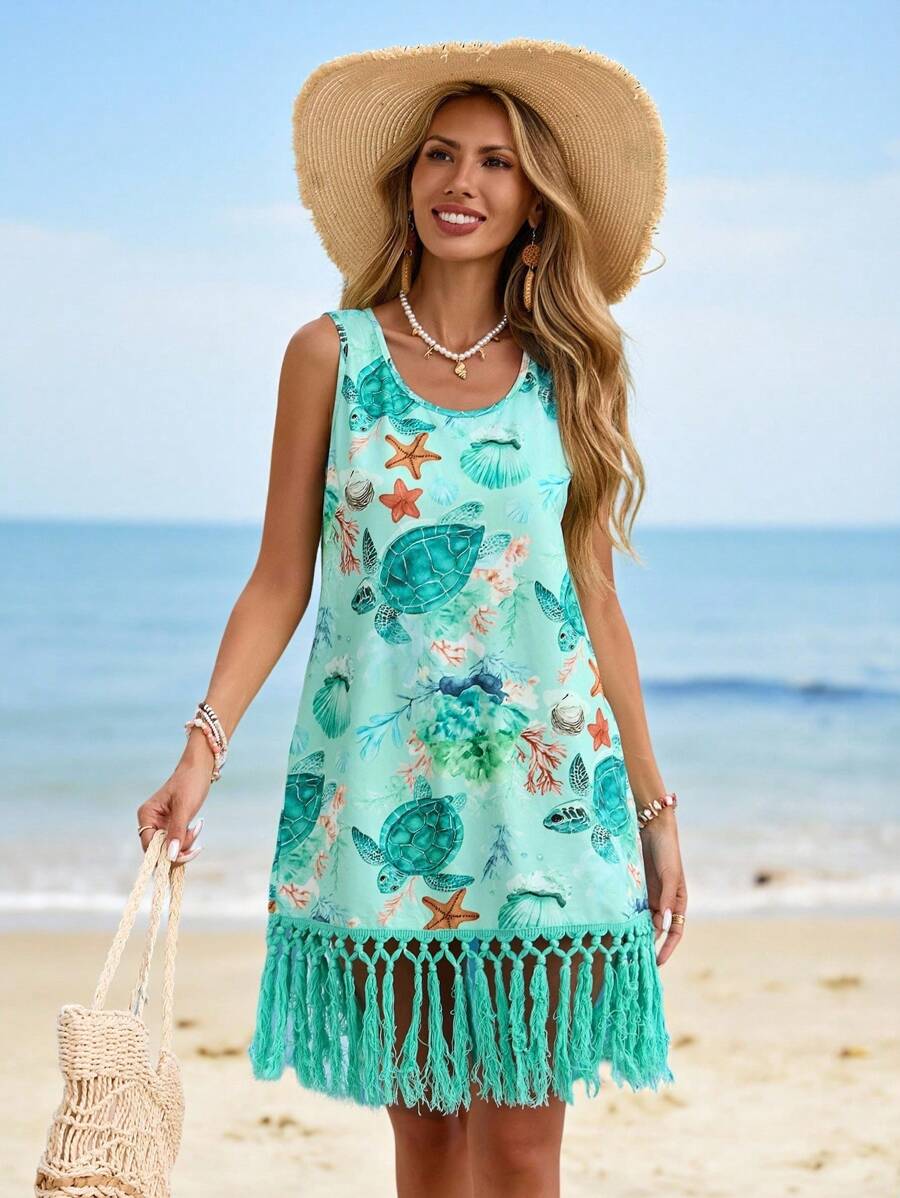 Swim Lushoire Women's Summer Beach Vacation Random Print Round Neck Sleeveless Spliced Tassel Hem Cover-Up Dress - Multicolor - View 1
