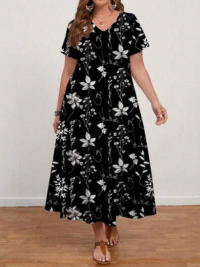 EMERY ROSE 大码女式休闲优雅花卉印花 V 领短袖长裙，适合春夏季