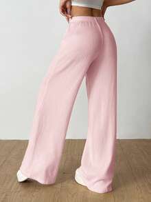 SHEIN EZwear Women's Casual Versatile Solid Color Ribbed Wide Leg Pants,Fall Comfy Pants Lounge Pants Pink Sweatpants