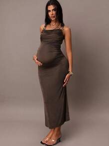 MaterniChic 孕妇装女士紧身蕾丝镂空花卉印花棕色金属扣高开衩连衣裙，适合春夏季度假