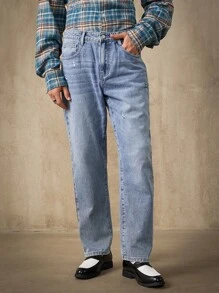 RivetRise Quần jeans ống đứng màu xanh nhạt, đơn giản, rách dành cho nam - Rửa nhẹ - Xem 6