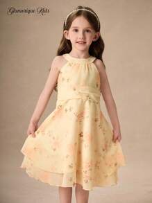Glamorique Kids Young Girl Apricot Sleeveless Sweet Dress, Suitable For Party And Various Occasions, Showing Cute And Elegant - Apricot - View 4
