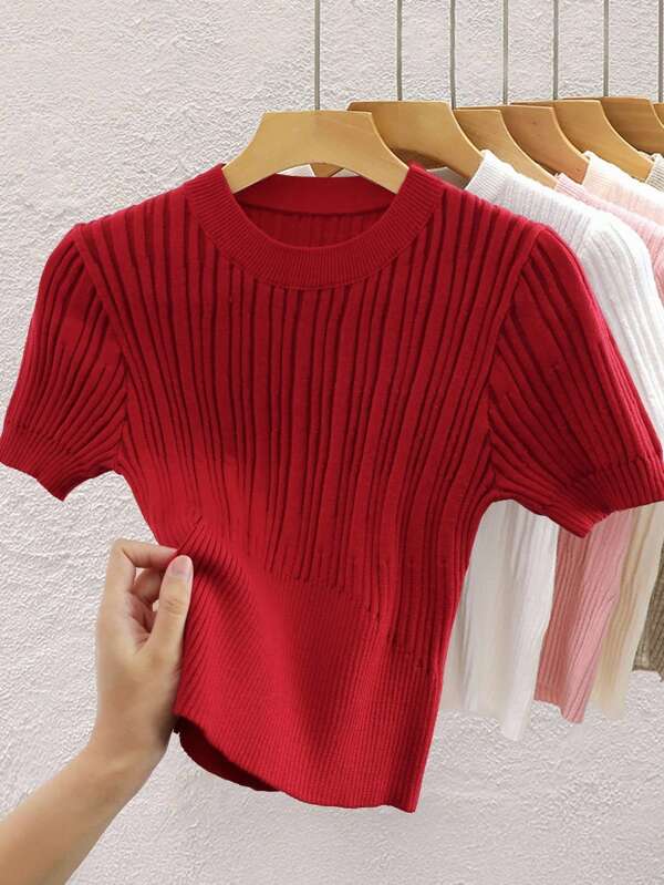 INAWLY Women's Solid Color Round Neck Casual Ribbed Knit Short Sleeve Top