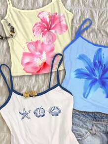 Attitoon 3pcs Casual Vacation Style Cream Yellow Chill Vacation Tropical Hibiscus, Blue Hibiscus, Blue Starfish & Seashell Beach Print Women Camisole Sexy Spaghetti Strap Tank Tops, Suitable For Summer Vacation Suitable For Going Out,Halter Top