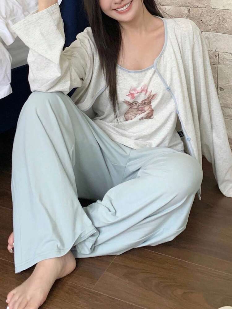 Dazy Plus 3pcs/Set Contrast Color Cute Rabbit Print Camisole Top & Robe & Solid Color Pants Plus Size Women Pajama Set, Fall Winter Clothes