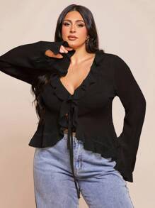 Hourglow Áo cánh voan thanh lịch đầu xuân cỡ lớn dành cho nữ, tay dài, viền bèo nhún, thích hợp cho những buổi hẹn hò lãng mạn, tụ tập bạn bè, hoạt động nghỉ dưỡng và những buổi đi chơi duyên dáng hàng ngày - màu đen - Xem 5