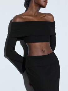 Maija Women's Black Solid Off Shoulder Long Sleeve Bell Cuff Cropped Top & High Waist Slim Fit Elastic Waist Versatile Skirt 2 Pieces Set, Suitable For Early Spring, Daily, Party, Holiday - Black - View 3
