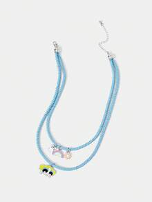 THE POWERPUFF GIRLS X SHEIN 女士可爱卡通图案双层项链 - 藍色 - 查看 2