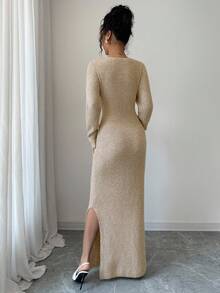 Elenzga Women's Solid Color Elegant Round Neck Long Sleeve Side Slit Hem Fitted Knit Dress Fall Winter Cloth For Women - Khaki - View 2
