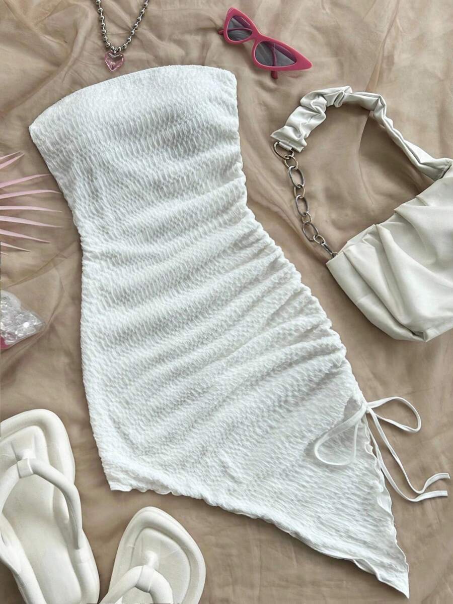 SHEIN 青少年女孩舒适修身休闲简约舒适收腰不对称下摆修身连衣裙 - 白色 - 查看 1