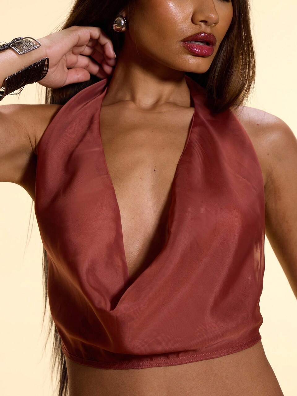 Extreme Plunge Cowl Front Tie Back Crop Top Summer Vacation Holiday Festival Sexy Club Rave Aftershow Going Out Tops Club Spring