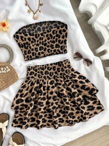 SHEIN 少女豹纹抹胸短款吊带背心和高腰层叠荷叶边下摆短裙两件套服装，休闲节日街头服饰