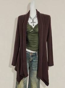 SHEIN ICON 女式 Y2k 哥特秋季波西米亚西部外出复古棕色毛衣休闲纯色不对称下摆开衫