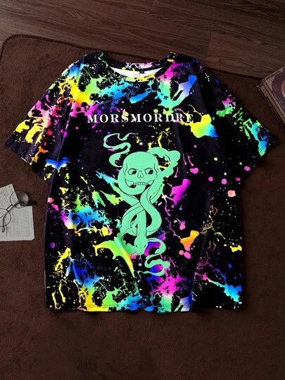 HARRY POTTER X SHEIN Plus Size Women's Summer Fall Autumn Y2k Cleanfit Atry Chic Cute Dreamy  Retro Vintage Casual Vacation Vibe Back To School Clothes Preppy Style  Kawaii  Streetwear Black Loose Letter And Skeleton Snake Print Round Neck Short Sleeve T-Shirt