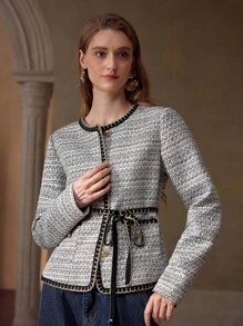 MOTF PREMIUM 粗花呢纽扣轻便夹克 - 黑與白 - 查看 2