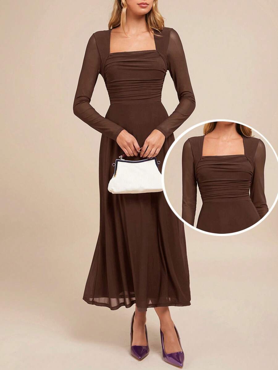 Amorya 女士优雅方领长袖 A 字形紫色派对连衣裙，秋冬