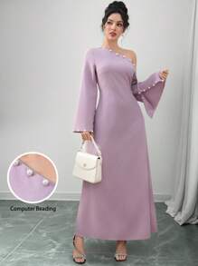 Yasmyna Elegant Ladies Asymmetric Collar Waist-Cinched Arabic Style Dress