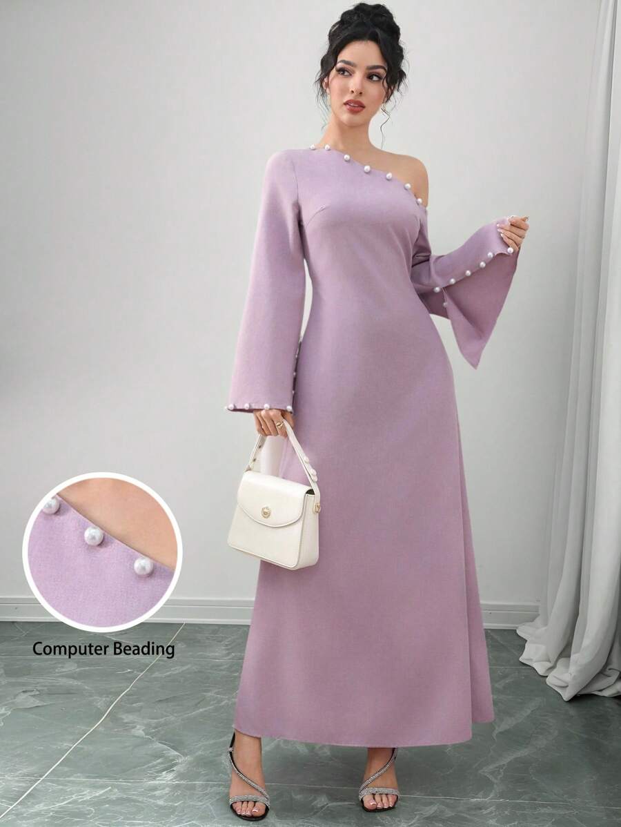 Yasmyna Elegant Ladies Asymmetric Collar Waist-Cinched Arabic Style Dress