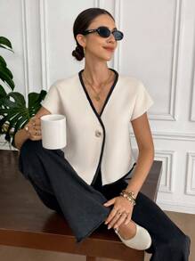 Serisse Women's Ribbed V-Neck Short Sleeve Single-Button Loose Knit Top, Fall Women Clothes, Back To School, Teacher Outfits For Women ,Business Casual Woman, Women's Solid Color V-Neck Button Decorated Elegant Fashion Vest,   Tops Business  Sasual Woman Commuter Simple Temperament Office Summer Vest Apricot Elegant Going Out Tops Women, Tops For School - Apricot - View 1