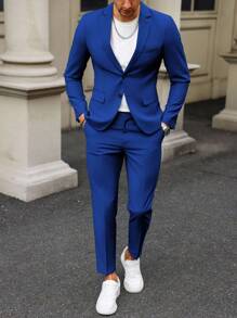 Manfinity Mode Men's Solid Color Blazer And Pants Formal Suit Set Men Suits Slim Fit Men Blazer And Pants Two Pieces Men Set Blue, Old Money Style, Ceremony - Royal Blue - View 4