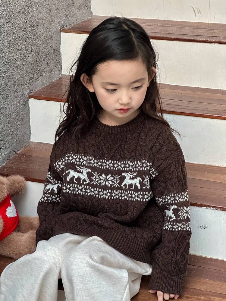 Young Girl' Round Neck Colorblock Reindeer Christmas Atmosphere Long Sleeve Sweater, Autumn/Winter