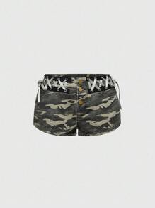ROMWE Grunge Punk Y2K Sexy Ultra Low Waist Camouflage Denim Super Short Shorts With Lace-Up Design - Multicolor - View 4