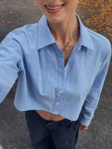 DAZY Women's Solid Color Blue Drop Shoulder Long Sleeve Single-Breasted Cropped Casual Shirt - Blue - View 1