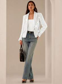 Lilora Women's Casual/Office Wear Sequin Lapel NeckLong Sleeve Blazer White Blazer For Women Women Blazers Tweed Blazer Sequin Blazer White Jacket For Women In Fall/Winter - White - View 6