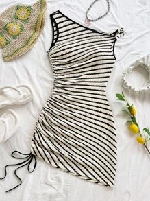 Soleia 女士度假活力条纹不对称扭纹抽绳褶饰紧身迷你连衣裙，时尚休闲，海滩，派对 - 咖啡 - 查看 3