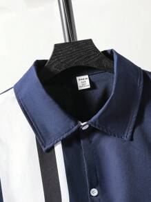 SHEIN 2 件套青少年男孩绅士装，海军蓝百搭时尚修身短袖衬衫 + 长裤，绅士西装套装，商务优雅学院个性化服装，生日派对日常休闲外套，优雅简约的返校季