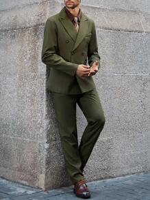 Calvornis Bộ quần áo vest nam cổ đứng màu trơn đơn giản cài hai hàng khuy và áo khoác - Màu xanh Ô liu - Xem 4