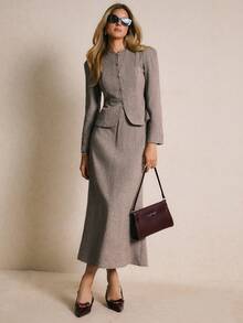 Poéselle Women's Elegant Brown Tweed Suit Set,Vintage Check Single-Breasted Bubble Sleeve Jacket & Midi Skirt,Grey Autumn Office Fall Winter Clothes,Elegant - Brown - View 3