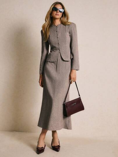 Poéselle Women's Elegant Brown Tweed Suit Set,Vintage Check Single-Breasted Bubble Sleeve Jacket & Midi Skirt,Grey Autumn Office Fall Winter Clothes,Elegant